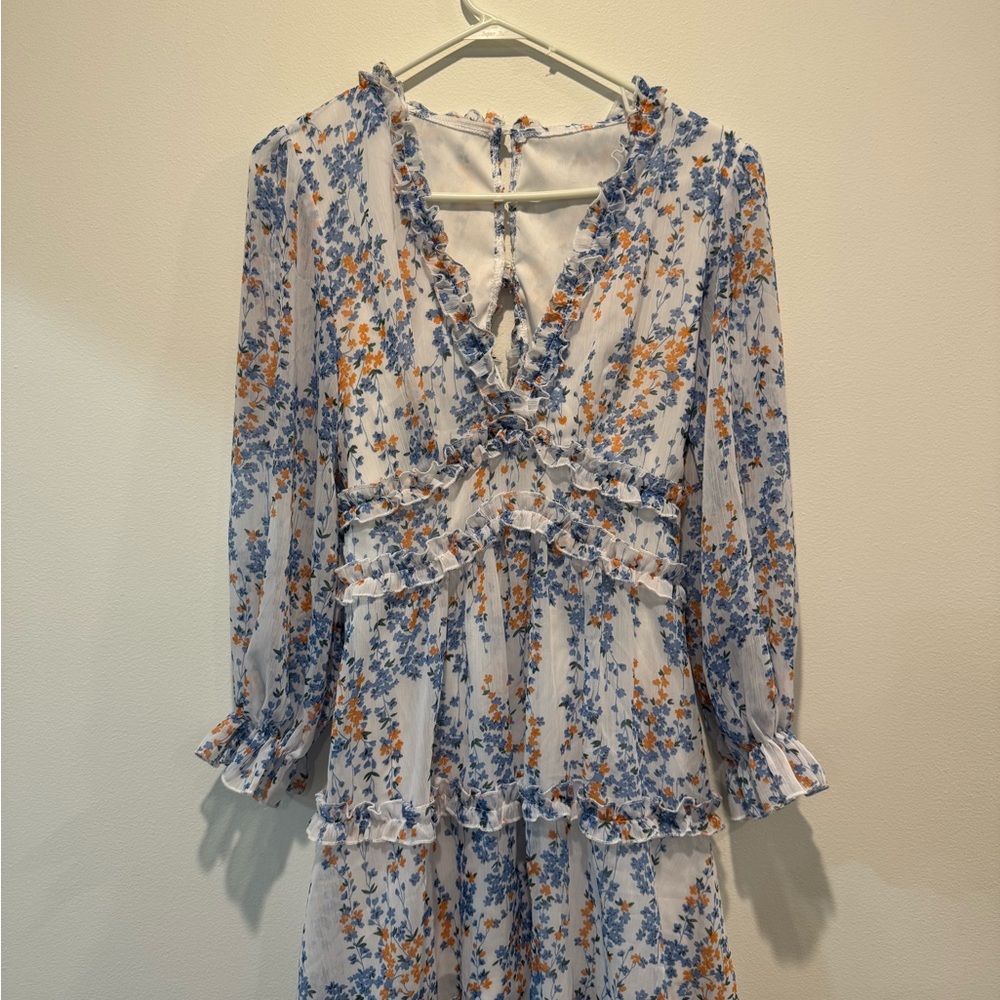 Floral Ruffle Dress - Blue and Orange